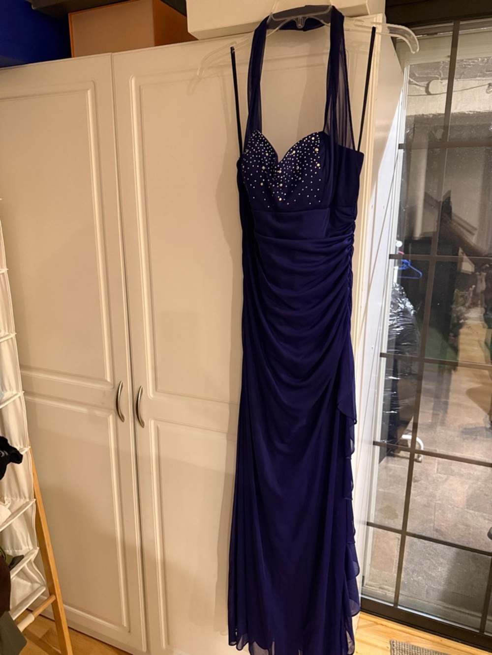 Blondie Nites Purplish Blue Halter Maxi Dress with Rhinestone Bodice